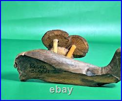 ROGER SLOAN Hand Carved Folk Art Wooden MUSHROOMS Driftwood Branch VTG SIGNED