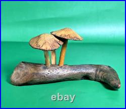 ROGER SLOAN Hand Carved Folk Art Wooden MUSHROOMS Driftwood Branch VTG SIGNED