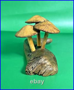 ROGER SLOAN Hand Carved Folk Art Wooden MUSHROOMS Driftwood Branch VTG SIGNED