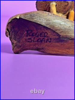 ROGER SLOAN Hand Carved Folk Art Wooden MUSHROOMS Driftwood Branch VTG SIGNED