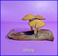 ROGER SLOAN Hand Carved Folk Art Wooden MUSHROOMS Driftwood Branch VTG SIGNED