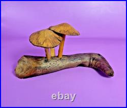 ROGER SLOAN Hand Carved Folk Art Wooden MUSHROOMS Driftwood Branch VTG SIGNED