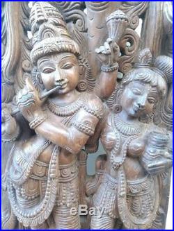 Radha Krishna Sculpture Hindu God Krsna Statue Wall Wooden Panel Vintage Decor U
