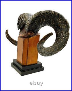 Ram Horn Sculpture Big Heavy Faux Horn Statue on Wooden Base Vintage Decor