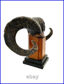 Ram Horn Sculpture Big Heavy Faux Horn Statue on Wooden Base Vintage Decor