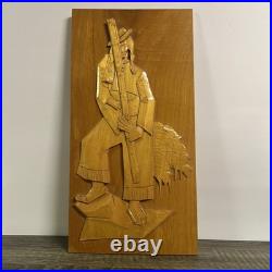 Rare Antique hand carving wood cubist wall hanging plaque portrait Stamped 1979