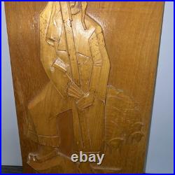 Rare Antique hand carving wood cubist wall hanging plaque portrait Stamped 1979