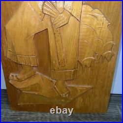 Rare Antique hand carving wood cubist wall hanging plaque portrait Stamped 1979