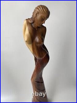 Rare Large Vintage 1960s MCM Teak Nude Female Sculpture Mid Venture Modern