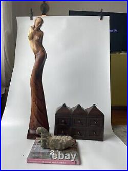 Rare Large Vintage 1960s MCM Teak Nude Female Sculpture Mid Venture Modern