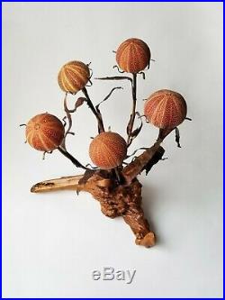 Rare VTG Curtis Jere Urchin Brutalist Wood Copper Flowers Lamp 5-Light Sculpture