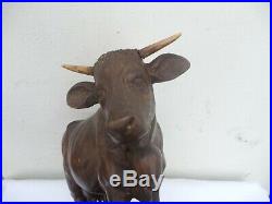 Rare Vintage Black Forest Carving Nicely Detailed Cow On A Wooden Base