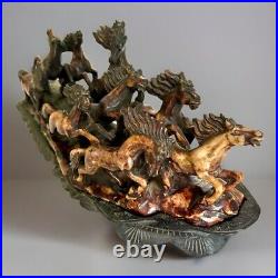 Rare Vintage Handmade Stone-Carving of Horses Fengshui Statue On Wood Stand