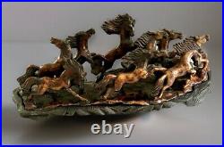 Rare Vintage Handmade Stone-Carving of Horses Fengshui Statue On Wood Stand