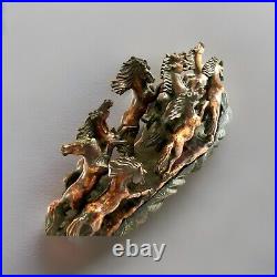 Rare Vintage Handmade Stone-Carving of Horses Fengshui Statue On Wood Stand