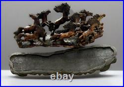 Rare Vintage Handmade Stone-Carving of Horses Fengshui Statue On Wood Stand