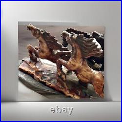 Rare Vintage Handmade Stone-Carving of Horses Fengshui Statue On Wood Stand