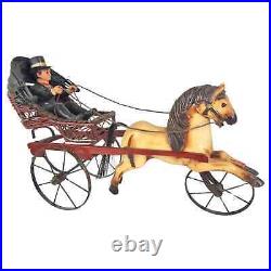 Rare Vintage Large Carved Wood Horse & Carriage with Man Jockey Sculpture