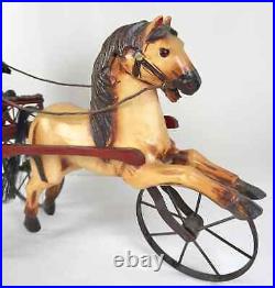 Rare Vintage Large Carved Wood Horse & Carriage with Man Jockey Sculpture