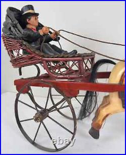 Rare Vintage Large Carved Wood Horse & Carriage with Man Jockey Sculpture