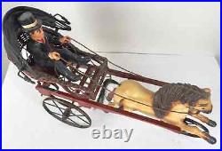 Rare Vintage Large Carved Wood Horse & Carriage with Man Jockey Sculpture