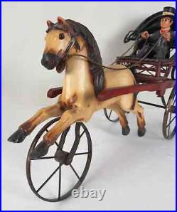 Rare Vintage Large Carved Wood Horse & Carriage with Man Jockey Sculpture