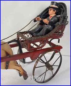 Rare Vintage Large Carved Wood Horse & Carriage with Man Jockey Sculpture