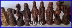Rare Vtg Figural Chess Set Hand Carved Solid Olive Wood Israel Complete Set (32)