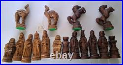 Rare Vtg Figural Chess Set Hand Carved Solid Olive Wood Israel Complete Set (32)