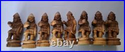 Rare Vtg Figural Chess Set Hand Carved Solid Olive Wood Israel Complete Set (32)