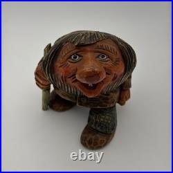 Real Vintage Otto Sveen Mid Century Norway Hand Carved Troll With Walking Stick