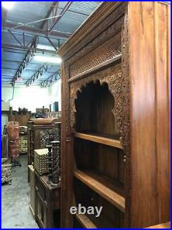 Rustic Bookcase Arched Intricate Carving Tall Display Carved Wood Book Shelf