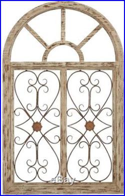 Rustic Wood & Metal Arched Window Wall Art Sculpture withVintage Iron Scrollwork