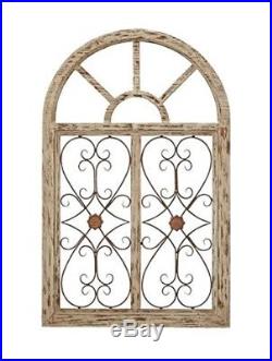 Rustic Wood Metal Arched Window Wall Art Vintage Iron Scrollwork Sculpture New
