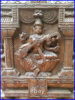 Saraswati Statue Wall Panel Kavadi Wooden Temple Gopuram Sculpture Vintage Decor