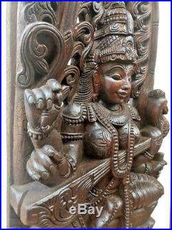 Saraswati Vintage Wooden Sculpture Panel Hindu Goddess Saraswathy Statue Murti