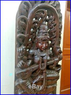 Saraswati Vintage Wooden Sculpture Panel Hindu Goddess Saraswathy Statue Murti