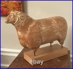 Sarreid LTD Italy Carved Wood Brass Ram Sheep Animal Sculpture Folk Art Vtg Mcm