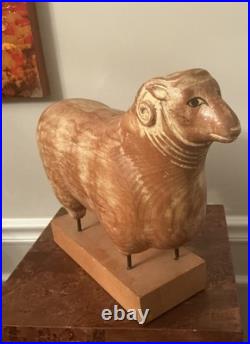 Sarreid LTD Italy Carved Wood Brass Ram Sheep Animal Sculpture Folk Art Vtg Mcm