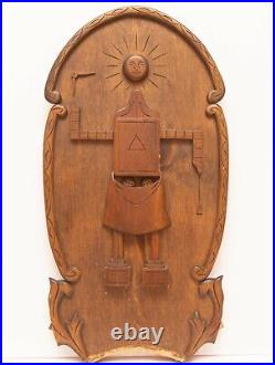 See Update! Vintage American Folk Art Freemason Masonic Relief Wood Sculpture