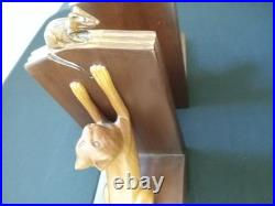 Selamat Designs Vintage Hand Carved Cat And Mouse WOOD BOOKENDS Sculpture