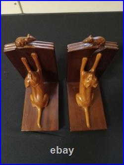 Selamat Designs Vintage Hand Carved Cat And Mouse WOOD BOOKENDS Sculpture