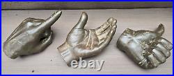 Set of 3 Hand Sculptures Wall Mountable Realistic Dark Brown Wood Unique Vintage