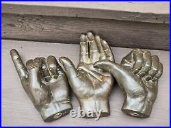 Set of 3 Hand Sculptures Wall Mountable Realistic Dark Brown Wood Unique Vintage