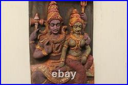 Shiva Parvati Statue Hindu God Sculpture Wooden Wall Panel Home Decor Vintage