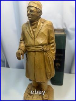 Signed Roger Bourgault Hand Carved Wood Figurine Folk Art Sculpture Vintage