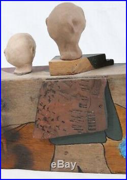 Signed Vintage 1988 Unique Modern Art Family Painted Sculpture Pottery Wood Bust