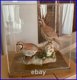 Signed Vintage Perry B PB Holley Hand Carved Wood Pair of Chukar Birds 1979