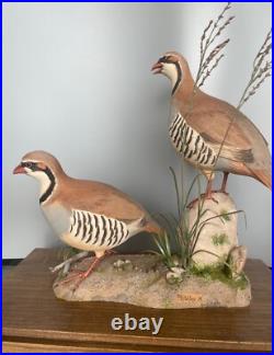 Signed Vintage Perry B PB Holley Hand Carved Wood Pair of Chukar Birds 1979