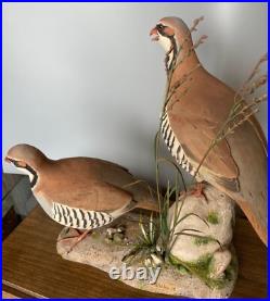 Signed Vintage Perry B PB Holley Hand Carved Wood Pair of Chukar Birds 1979